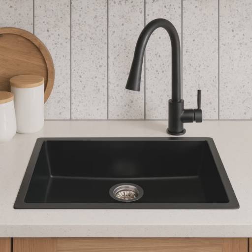 Cuba de Quartzo Lablanco 750x450x210mm Preta com sifao e valvula (R)