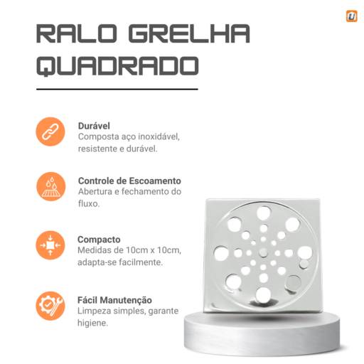 Ralo Grelha Inox Quadrado 10cm X 10cm