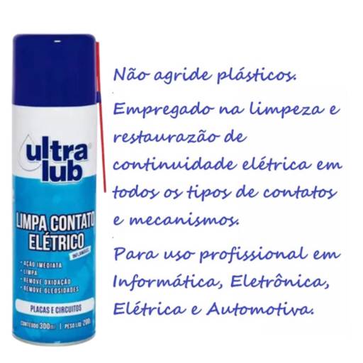  Limpa Contato Elétrico 300ml Ultra Lub  ignição e injeção eletrônica de veículos, reles, computadores, impressoras, potenciômetros, cabeçotes magnéticos, máquinas elétricas e eletrônicas, equipamentos industriais, disjuntores e chaves elétricas. em Bauru, SP por Toner e Cartuchos Dalmeida Distribuidora