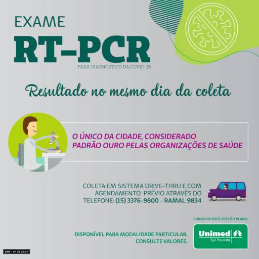 Exame RT-PCR - Diagnóstico da COVID-19 em Itapetininga, SP por Unimed - Hospital Dr. José Silva Dantas Filho