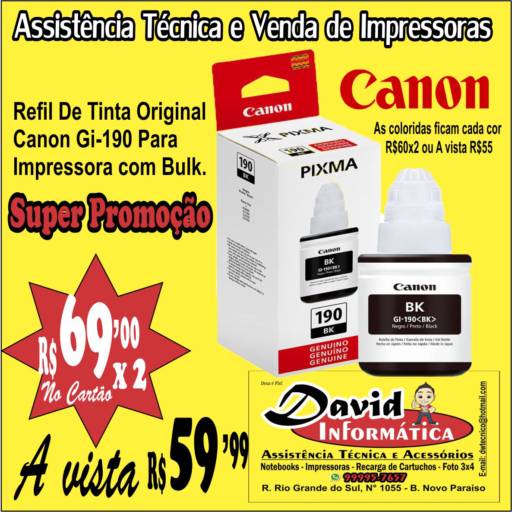 Comprar o produto de Tinta para Impressora Canon - Tinta Canon original EcoTank em Cartuchos Jato de Tinta pela empresa David Informática em Aracaju, SE por Solutudo