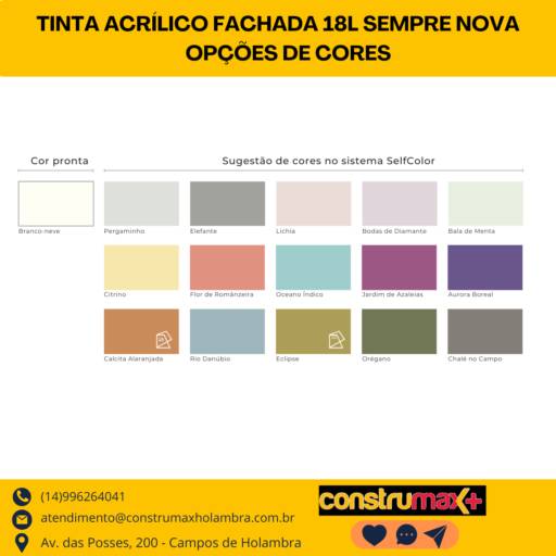 TINTA ACRÍLICO FACHADA 18L SEMPRE NOVA em Riviera de Santa Cristina XIII, SP por Construmax Materiais para Construção