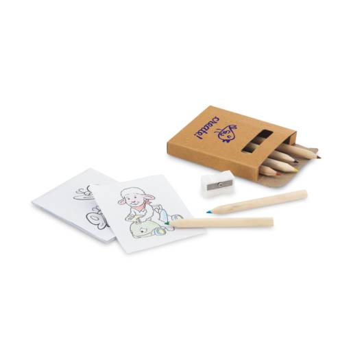 Kit para pintar em caixa de cartão. Incluso 6 mini lápis de cor, 1 apontador e 15 cartões diferentes para pintar. 73 x 89 x 12 mm