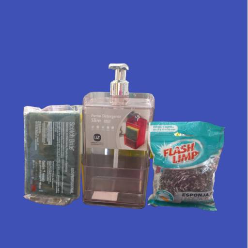 Kit cozinha (porta detergente acrilico  slin 500ml) (Esponja limpeza pesada Esponja 3m dupla face) ( Esponja limpeza pesada flash) em Jundiaí, SP por Sempre Limp - Produtos de limpeza, Higiene e Descartáveis