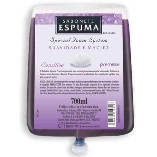 Sabonete Espuma Refil Sem Bico Dosador Sensitive Premisse Embalagem de 700ml.