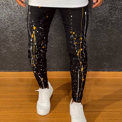 Calça Masculina Skinny Jeans Preta com Detalhes Splash Amarelo e Branco